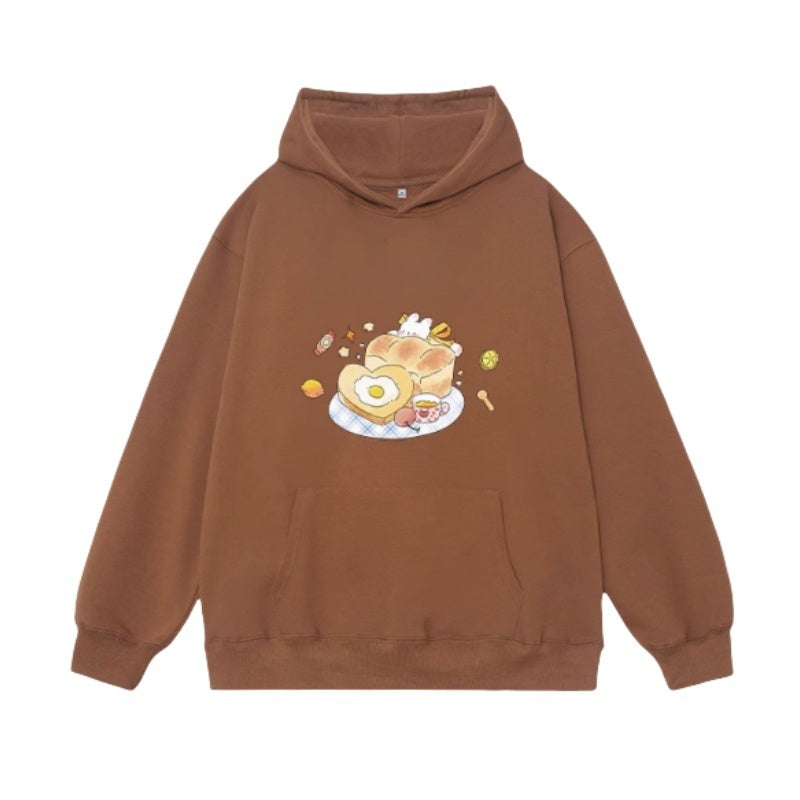 Brown Loose-Fitting Cartoon Pattern Hoodie
